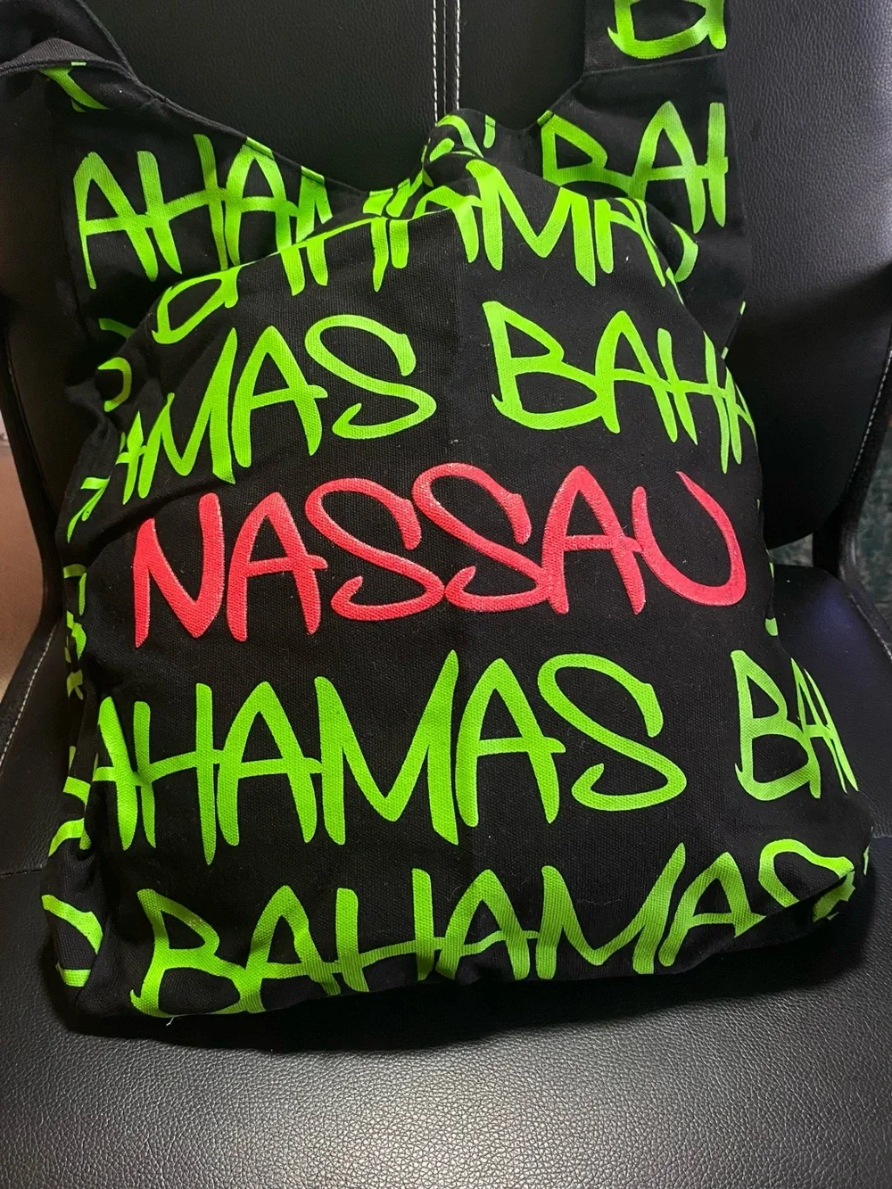 Nassau Bahamas Graphic Crossbody Tote Bag Black with Neon Green & Pink - Picture 2 of 10